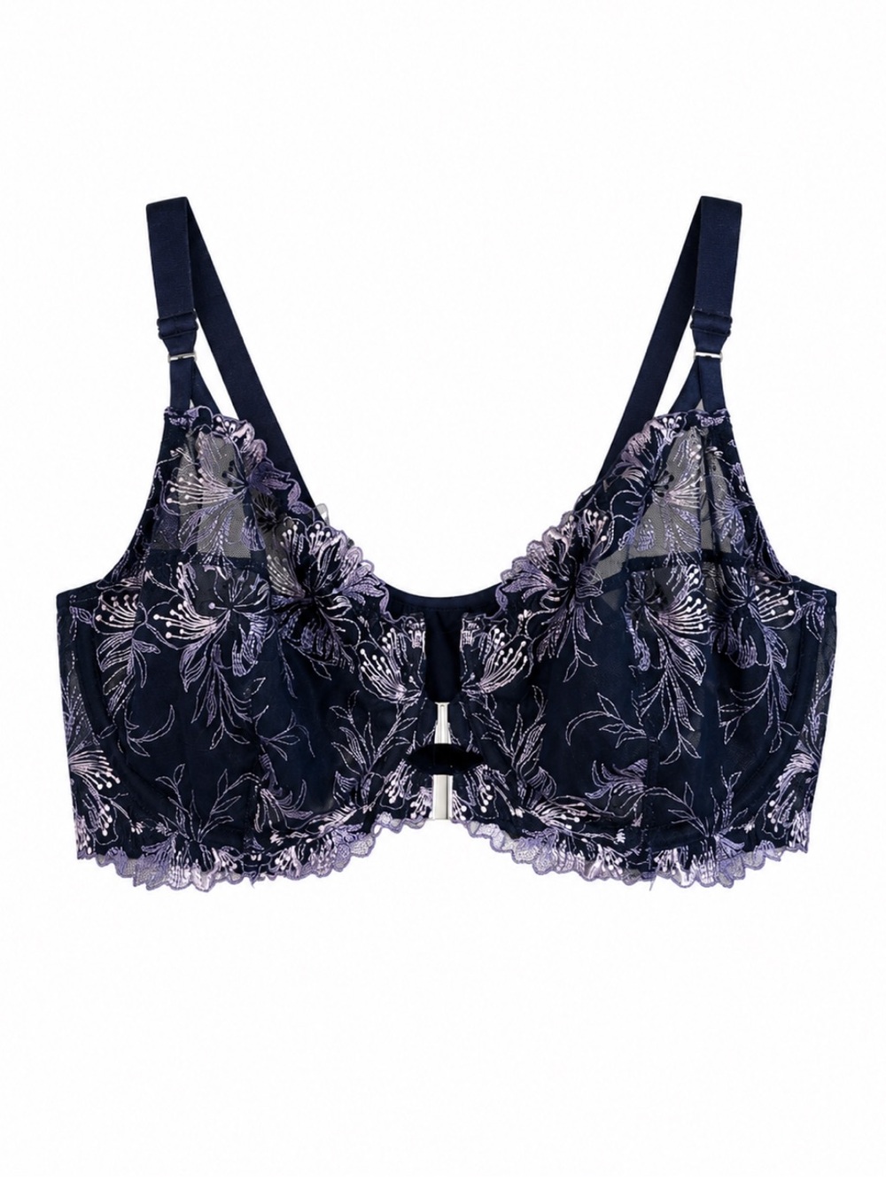 Deesse Lingerie Navy & Lilac Floral Embroidered Front-Close Bra – 38DDD EUC